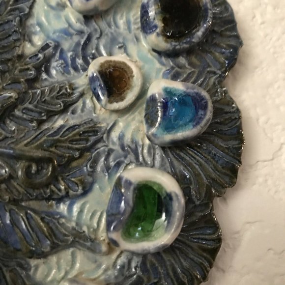 Artisan Blue and Green Sculpted Peacock Funky Ceramic Wall Decor Handmade Signed - Picture 3 of 6